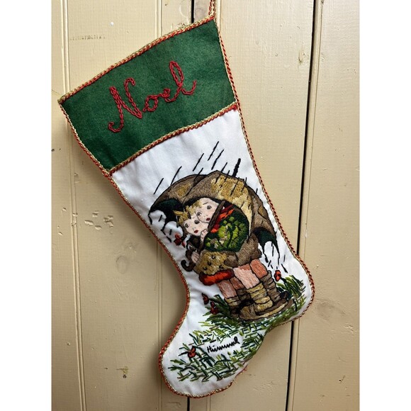 Vintage Hummel Christmas Stocking Hand Embroidered Crewel On Linen & Felt 17" - Picture 3 of 8